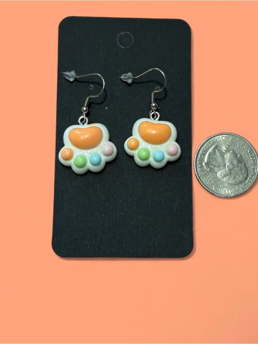 Kids Pastel Paw Print Dangle Earrings - Orange Accent